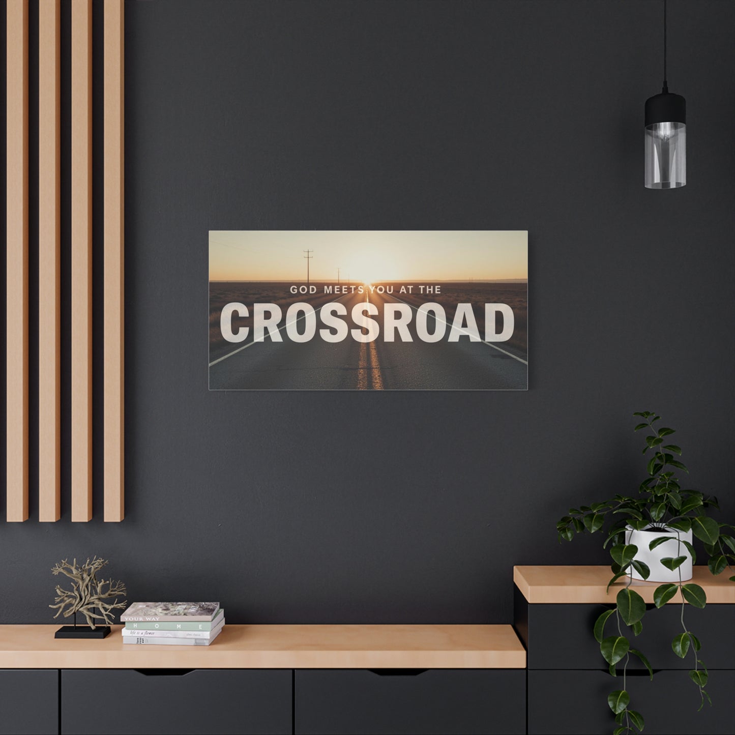 Crossroad Inspirational Canvas Print — “God Meets You at the Crossroad” Sunset Wall Art