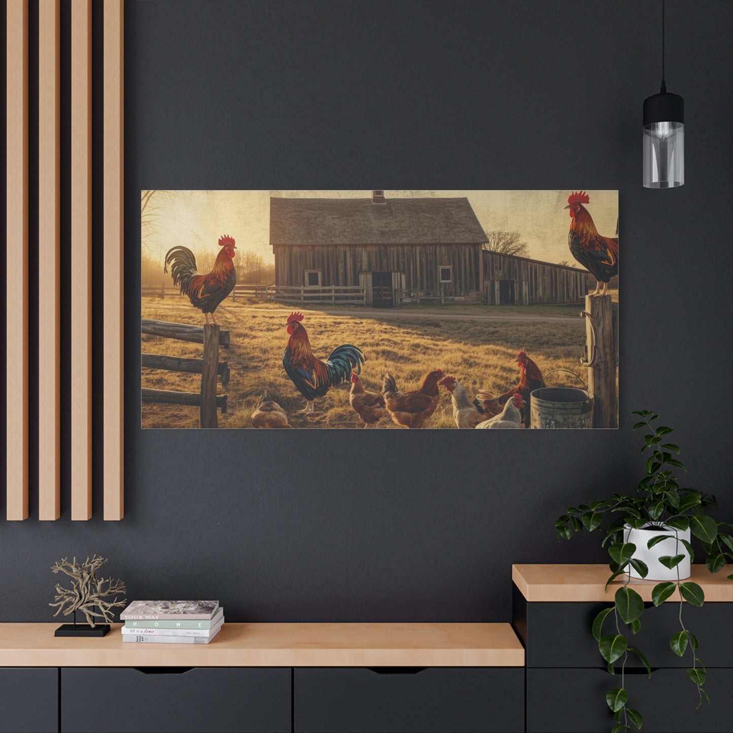 Rustic Morning Rooster Farm Matte Canvas Print