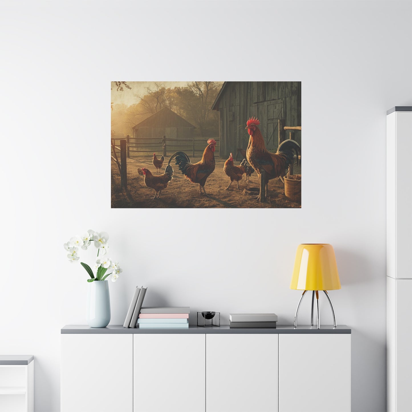 Rooster Farmhouse Canvas Print – Rustic Morning Barnyard Wall Art