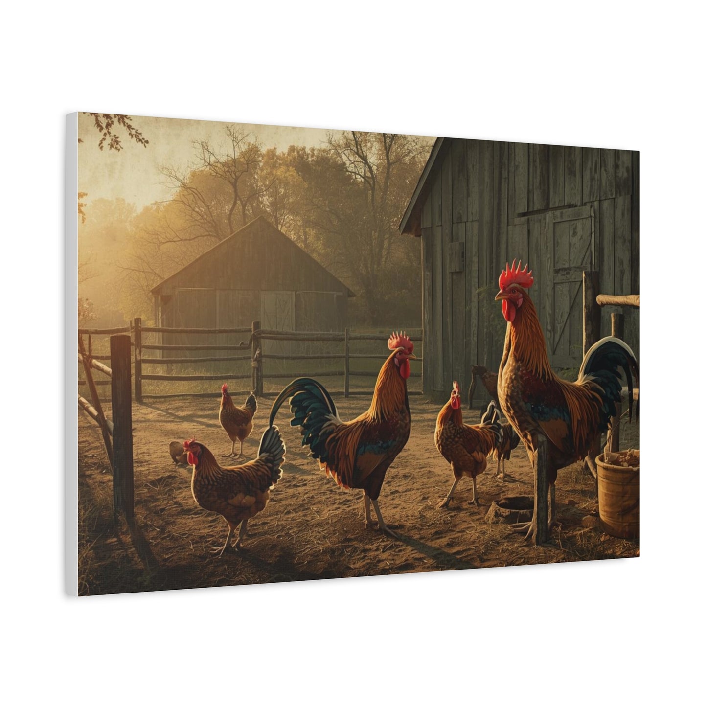 Rooster Farmhouse Canvas Print – Rustic Morning Barnyard Wall Art