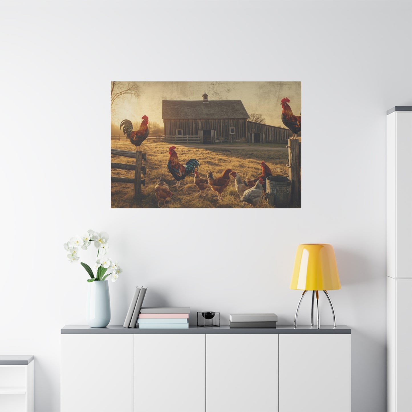 Rustic Morning Rooster Farm Matte Canvas Print