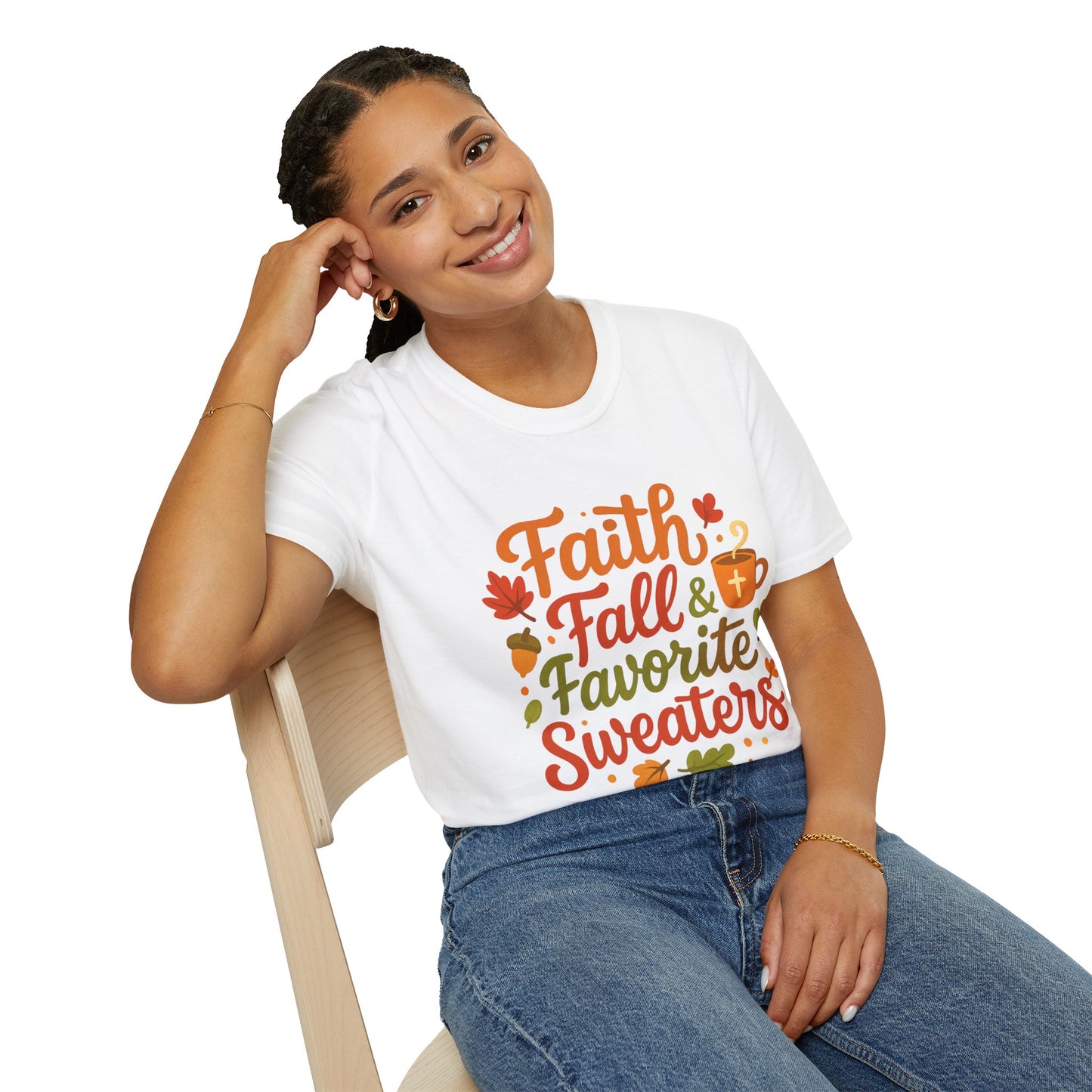 Autumn Faith Tee: Fall Favorite Sweaters, Unisex Softstyle T-Shirt, Thanksgiving Gift, Cozy Casual Wear, Faith-Based Apparel