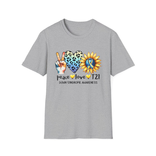 Down Syndrome Awareness T-Shirt, Unisex Graphic Tee, Peace Love T21 Casual Wear, Gift for Awareness Month, Sunshine Heart Design