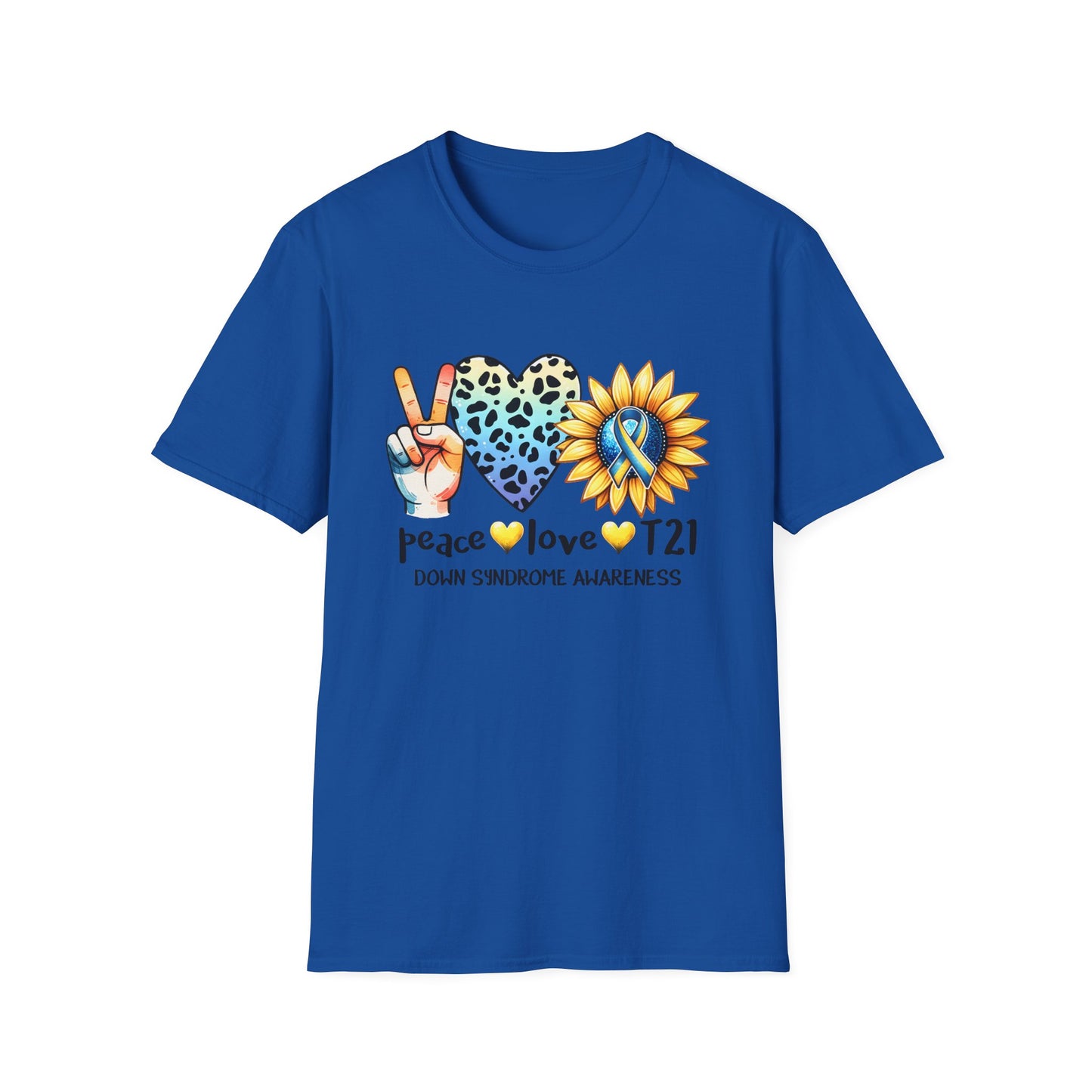 Down Syndrome Awareness T-Shirt, Unisex Graphic Tee, Peace Love T21 Casual Wear, Gift for Awareness Month, Sunshine Heart Design