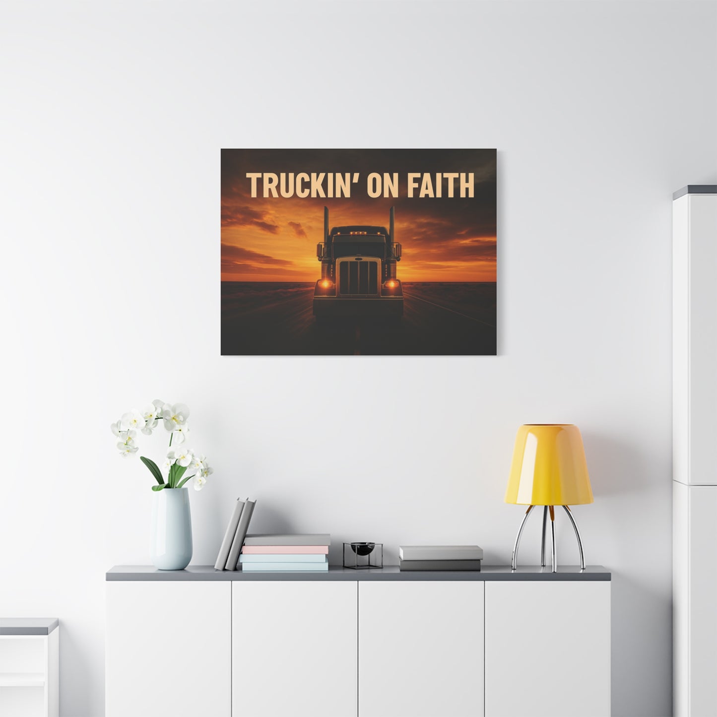 Truckin' On Faith Matte Canvas Wall Art — Semi Truck Sunset Print