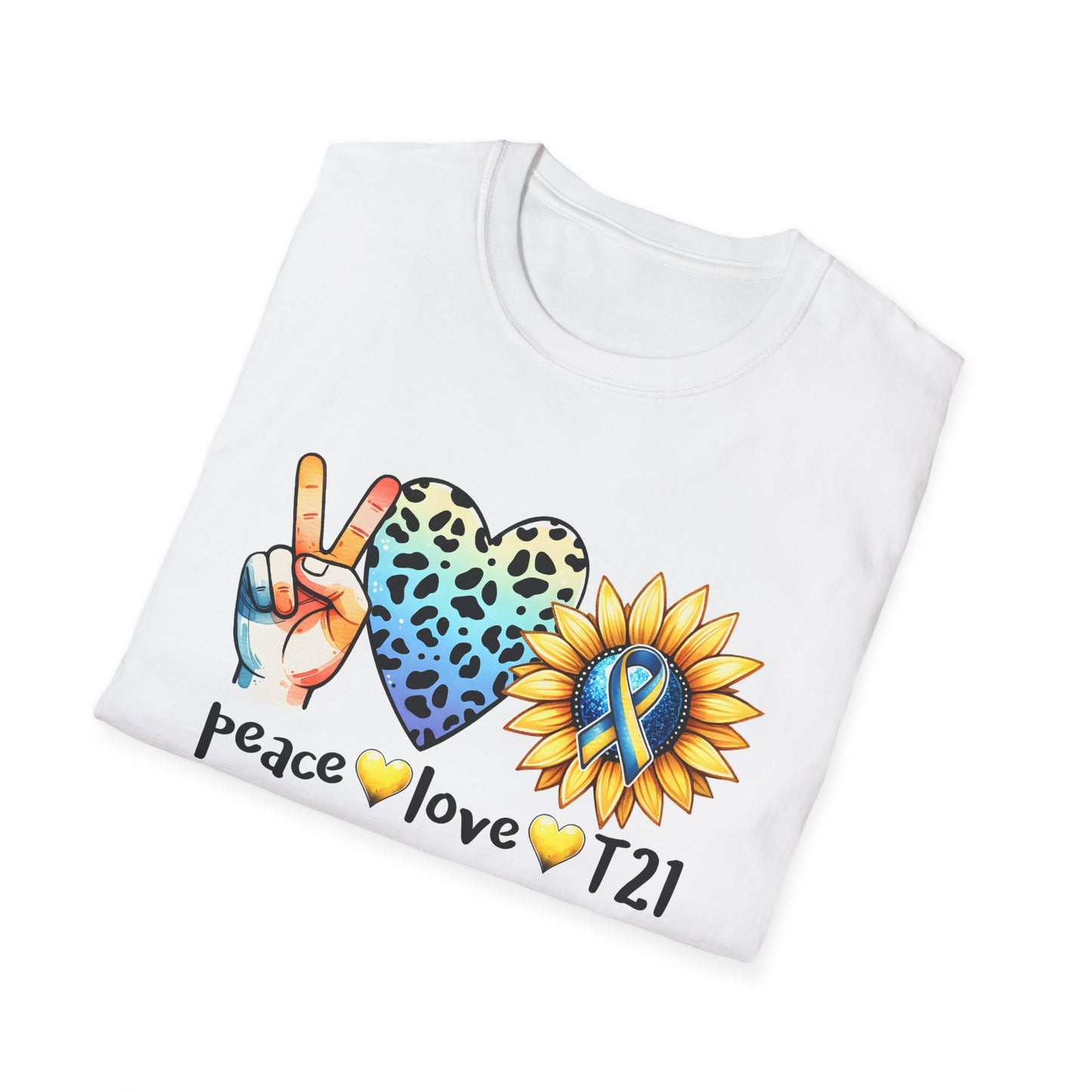 Down Syndrome Awareness T-Shirt, Unisex Graphic Tee, Peace Love T21 Casual Wear, Gift for Awareness Month, Sunshine Heart Design