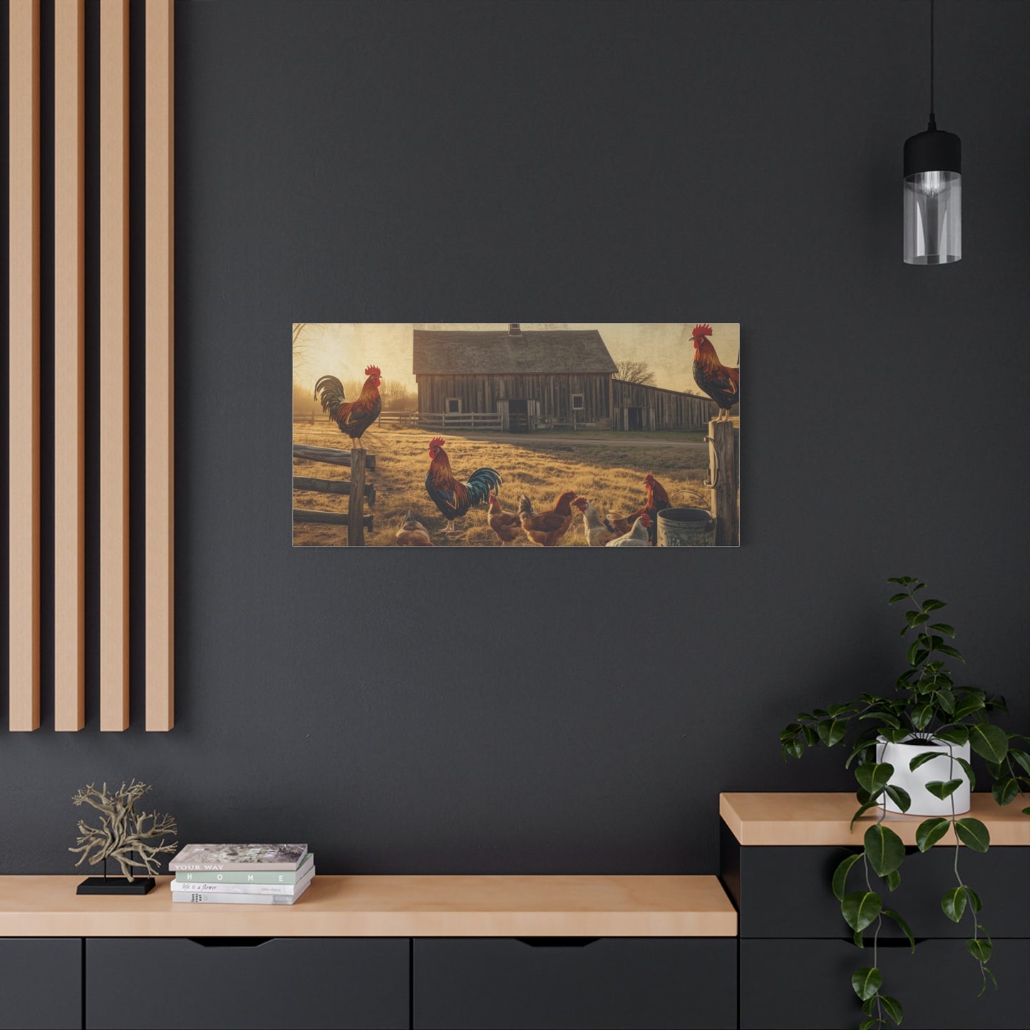 Rustic Morning Rooster Farm Matte Canvas Print