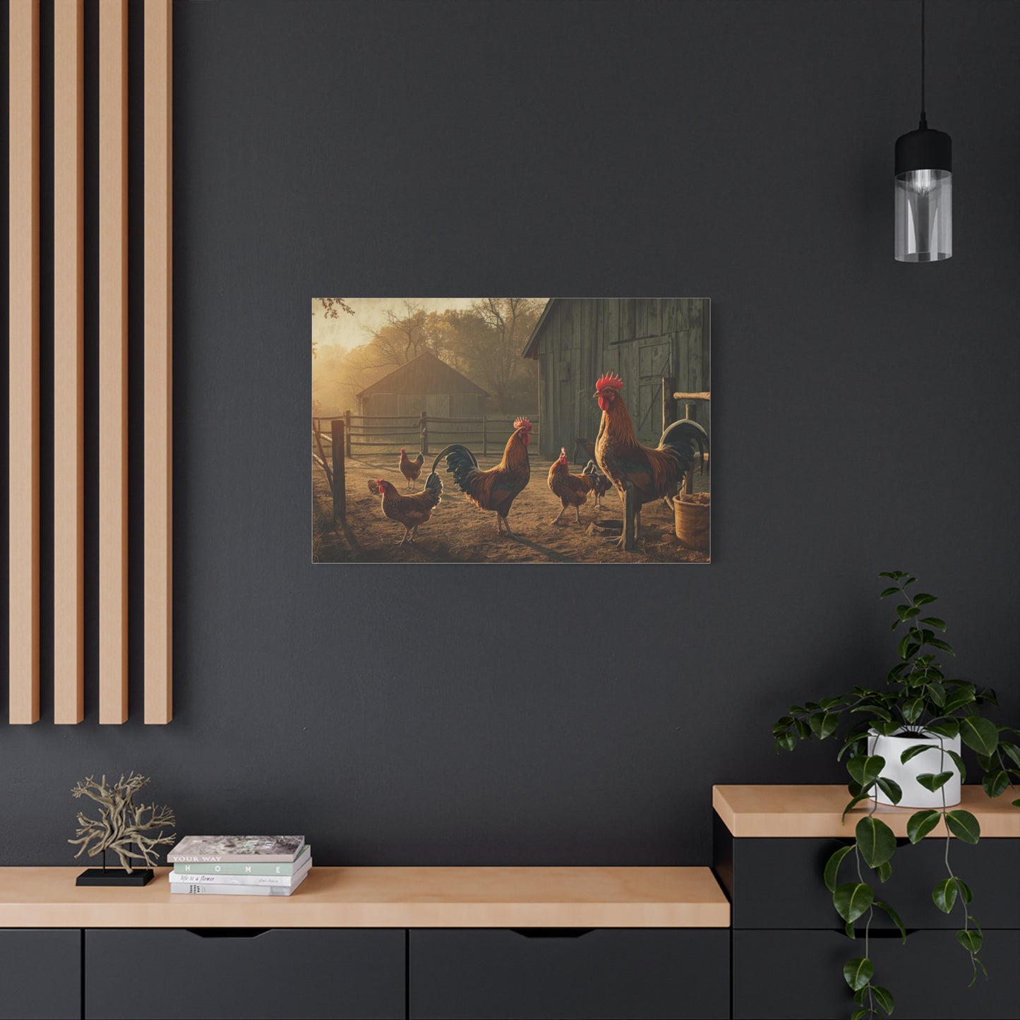 Rooster Farmhouse Canvas Print – Rustic Morning Barnyard Wall Art