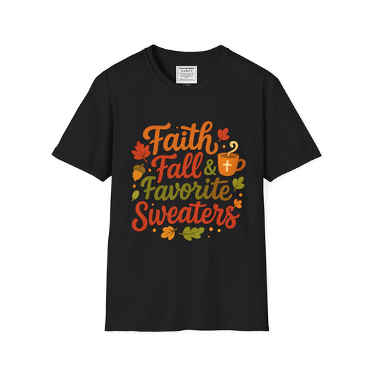Autumn Faith Tee: Fall Favorite Sweaters, Unisex Softstyle T-Shirt, Thanksgiving Gift, Cozy Casual Wear, Faith-Based Apparel