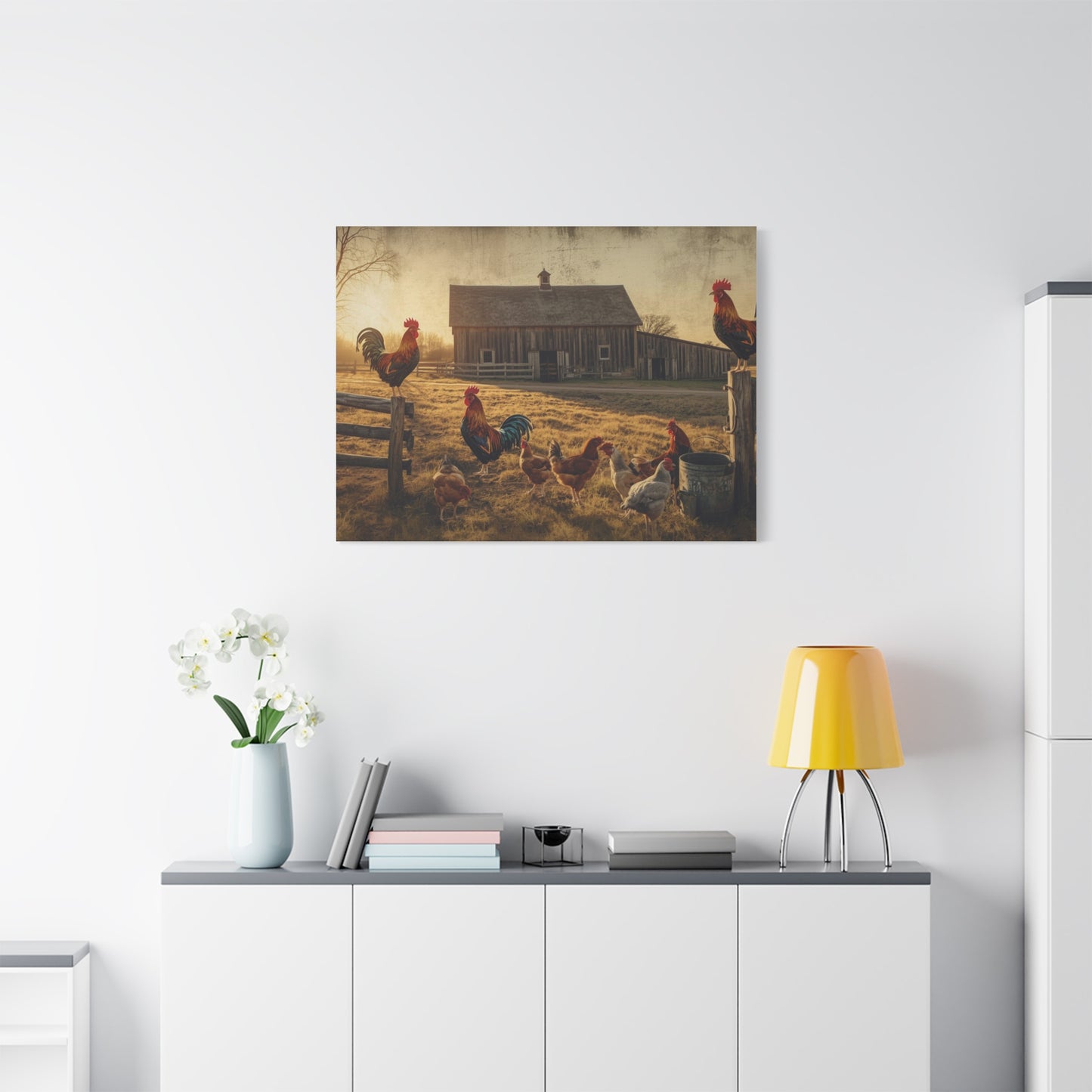 Rustic Morning Rooster Farm Matte Canvas Print