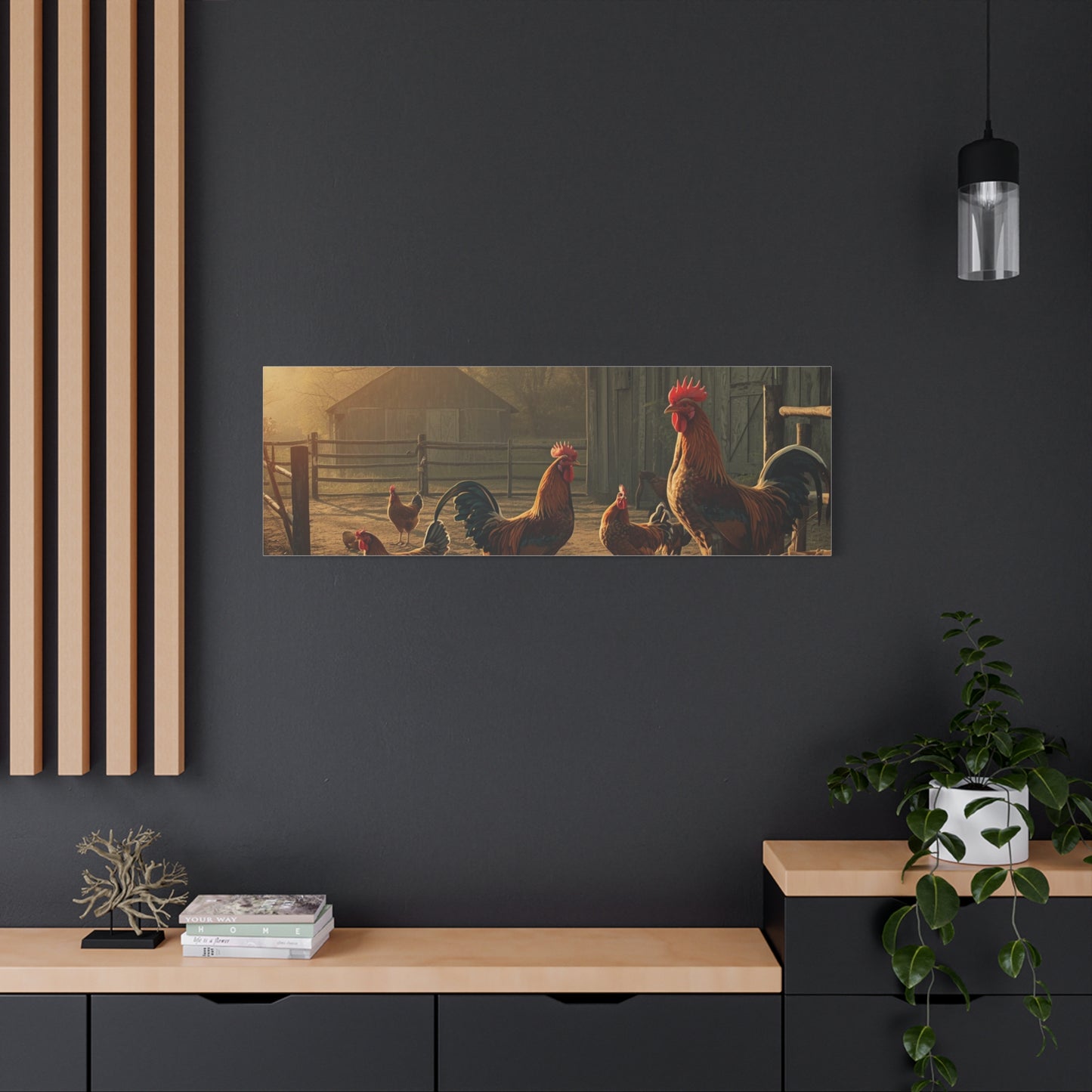 Rooster Farmhouse Canvas Print – Rustic Morning Barnyard Wall Art