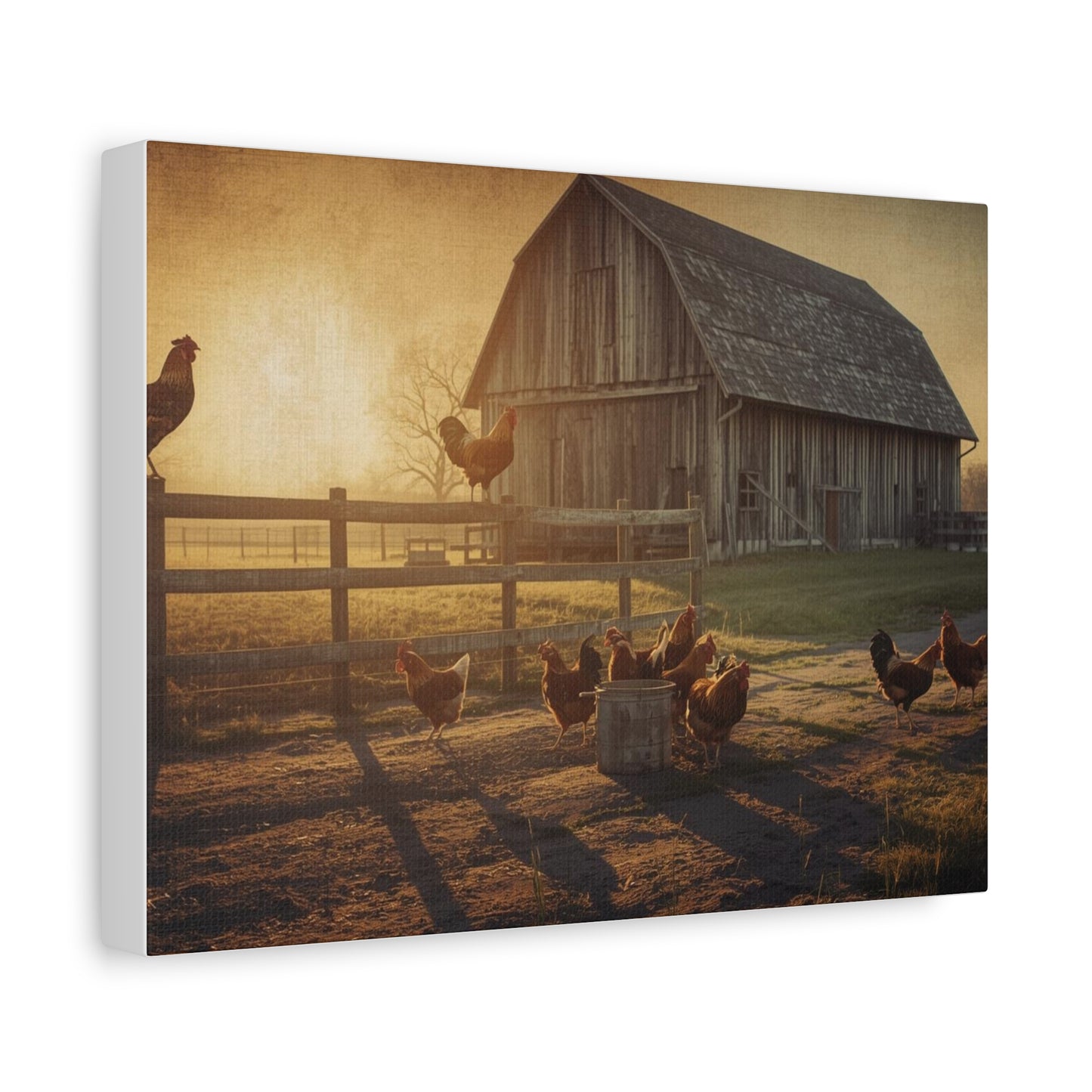 Vintage Farmhouse Canvas Wall Art — Barn & Chickens Rustic Sunrise Print