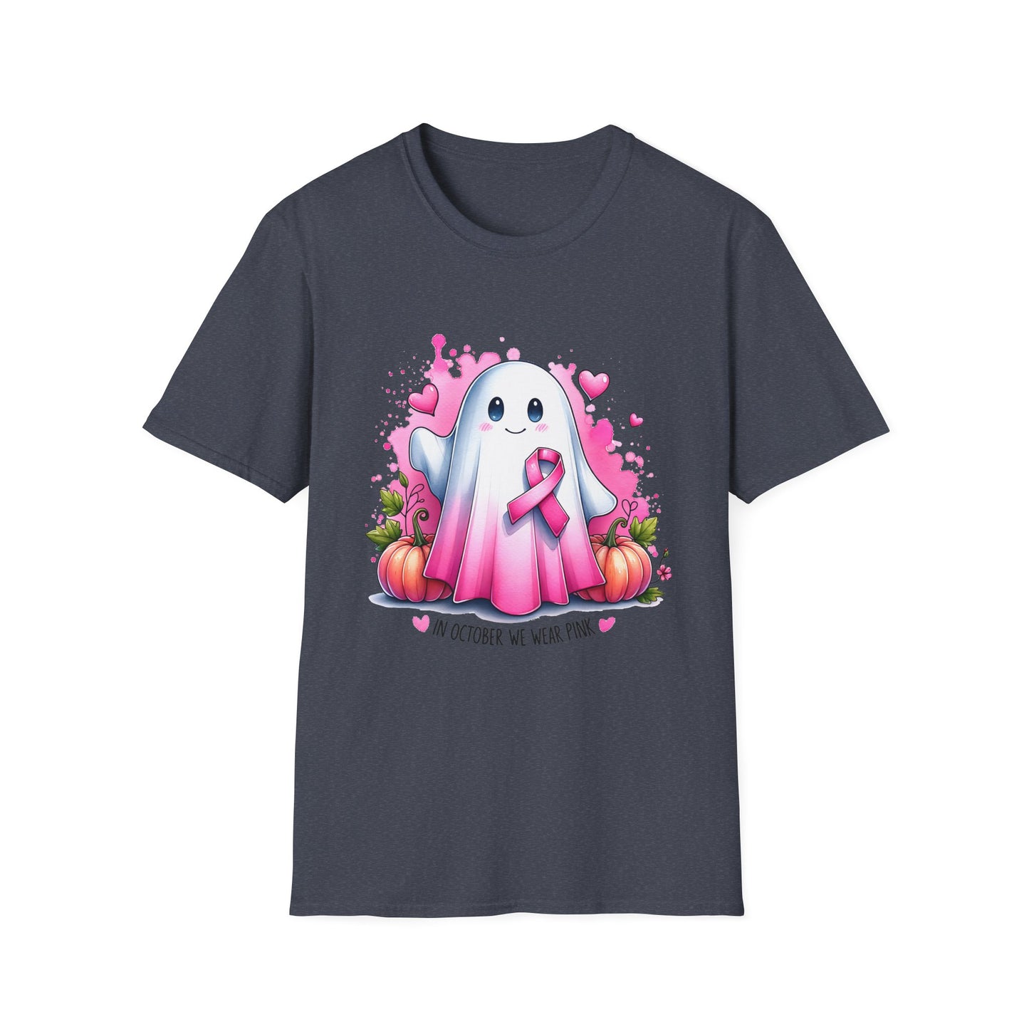Cute Ghost Breast Cancer Awareness T-Shirt for October, Halloween Tee, Unisex Softstyle Shirt, Fall Fashion, Spooky Season