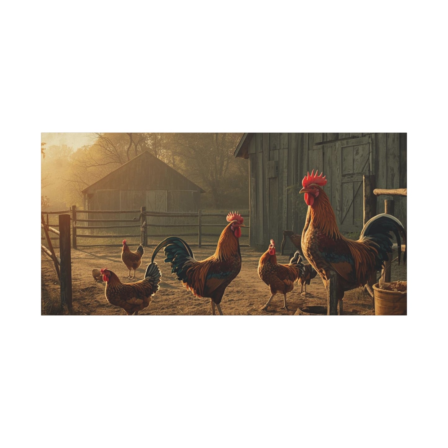 Rooster Farmhouse Canvas Print – Rustic Morning Barnyard Wall Art