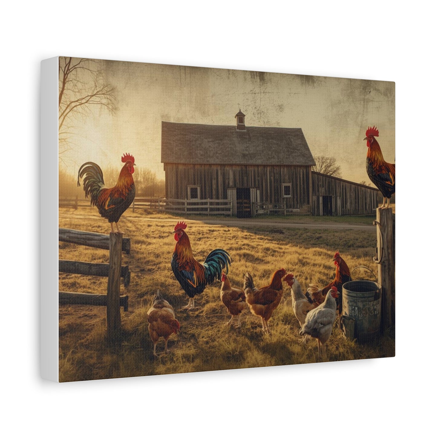 Rustic Morning Rooster Farm Matte Canvas Print