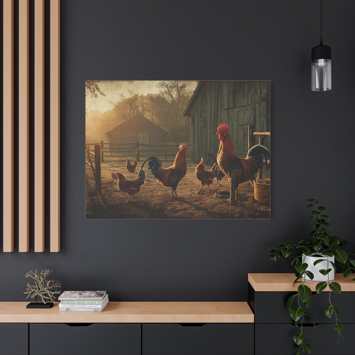 Rooster Farmhouse Canvas Print – Rustic Morning Barnyard Wall Art