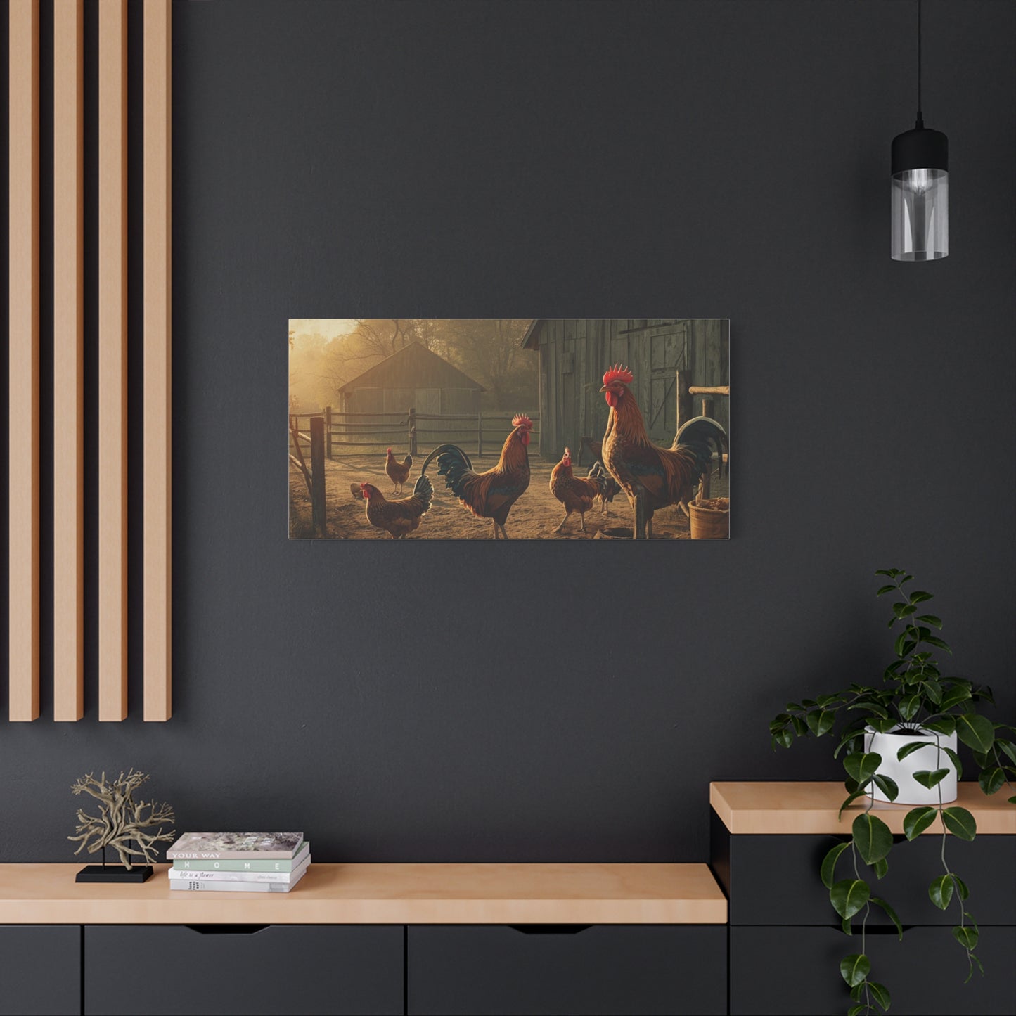 Rooster Farmhouse Canvas Print – Rustic Morning Barnyard Wall Art
