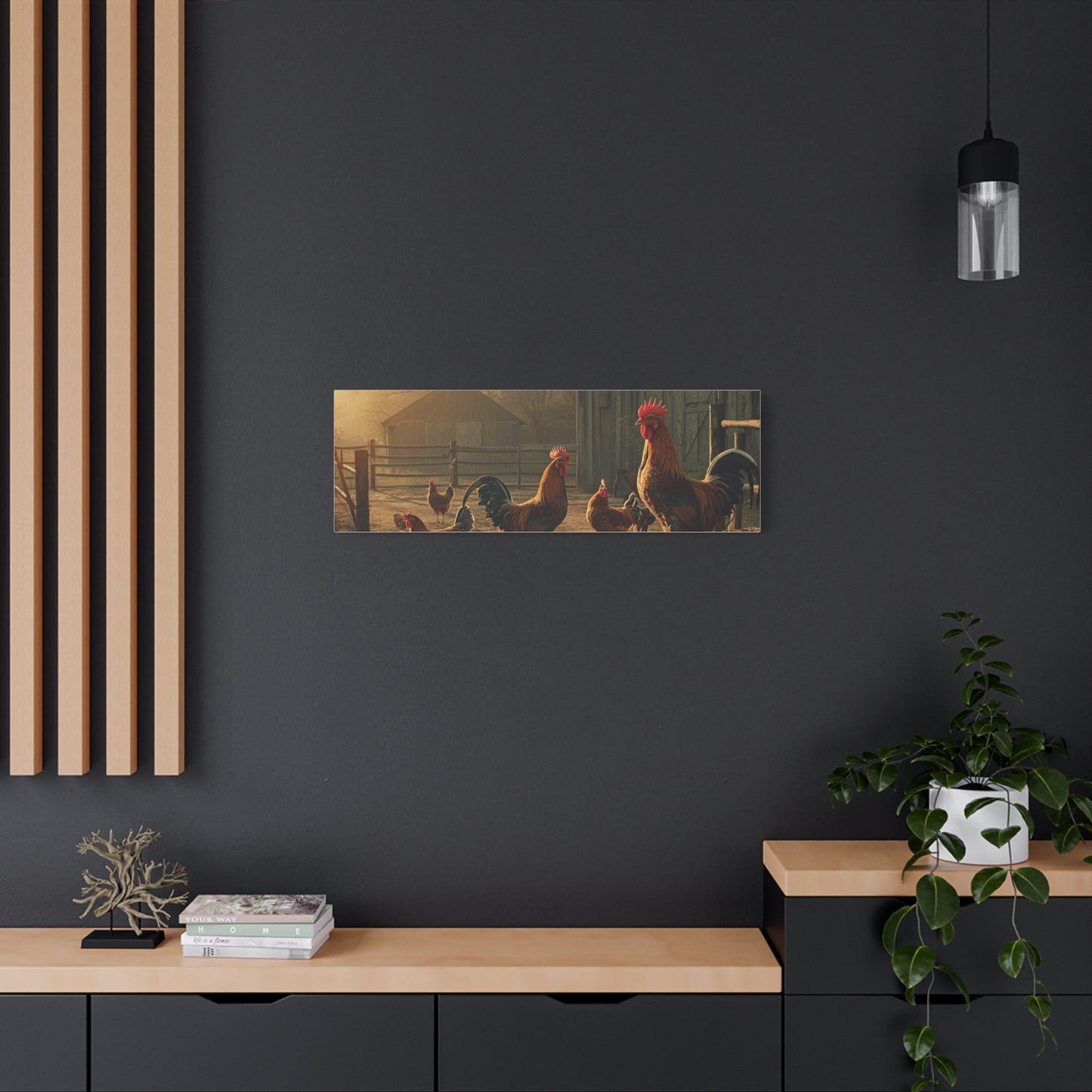 Rooster Farmhouse Canvas Print – Rustic Morning Barnyard Wall Art