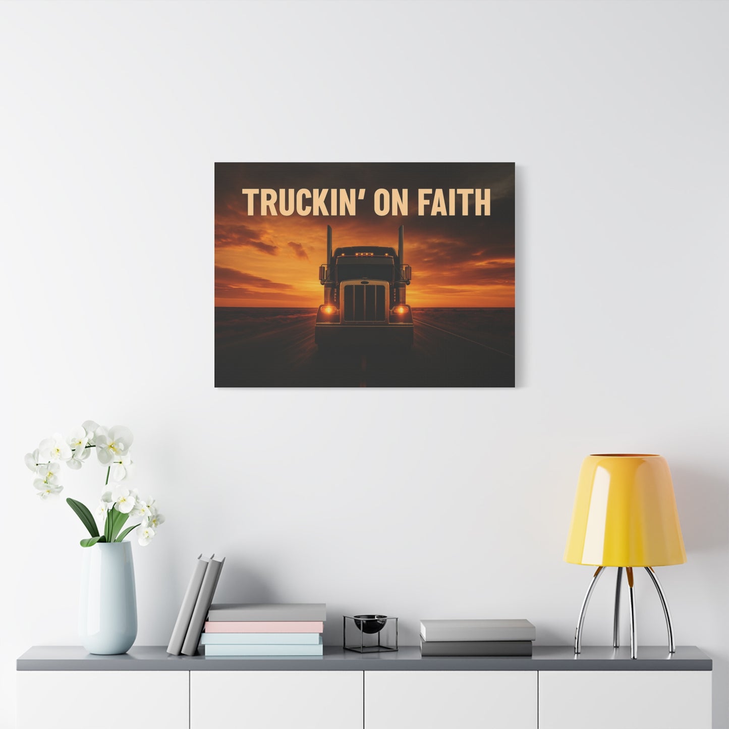 Truckin' On Faith Matte Canvas Wall Art — Semi Truck Sunset Print