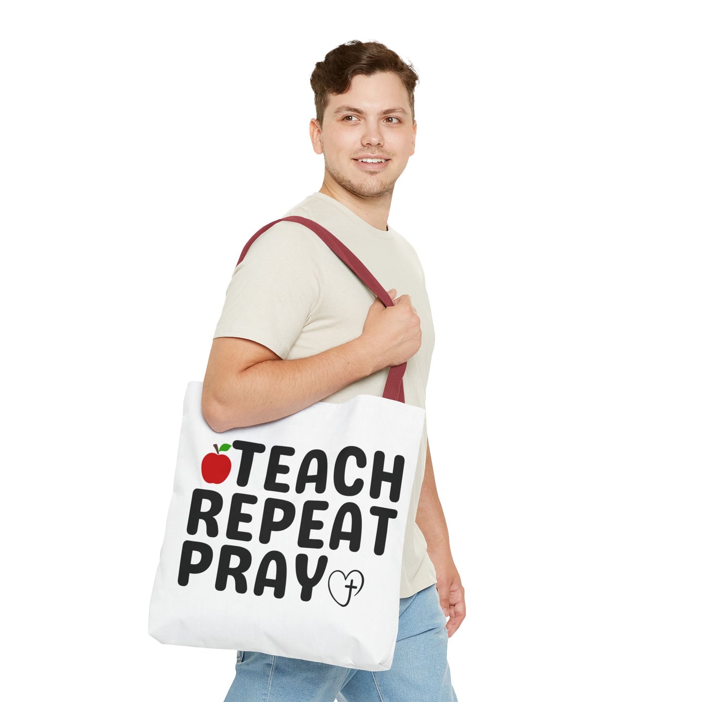 Teach Repeat Pray Tote Bag — Christian Teacher Gift Canvas Grocery Tote