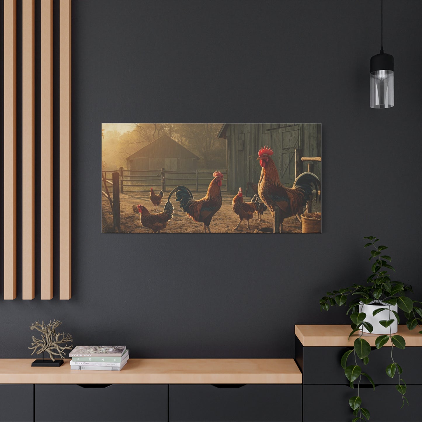 Rooster Farmhouse Canvas Print – Rustic Morning Barnyard Wall Art