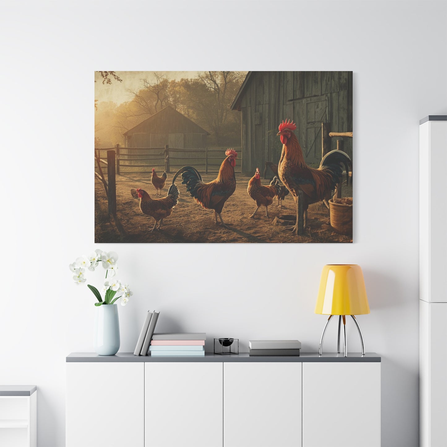 Rooster Farmhouse Canvas Print – Rustic Morning Barnyard Wall Art