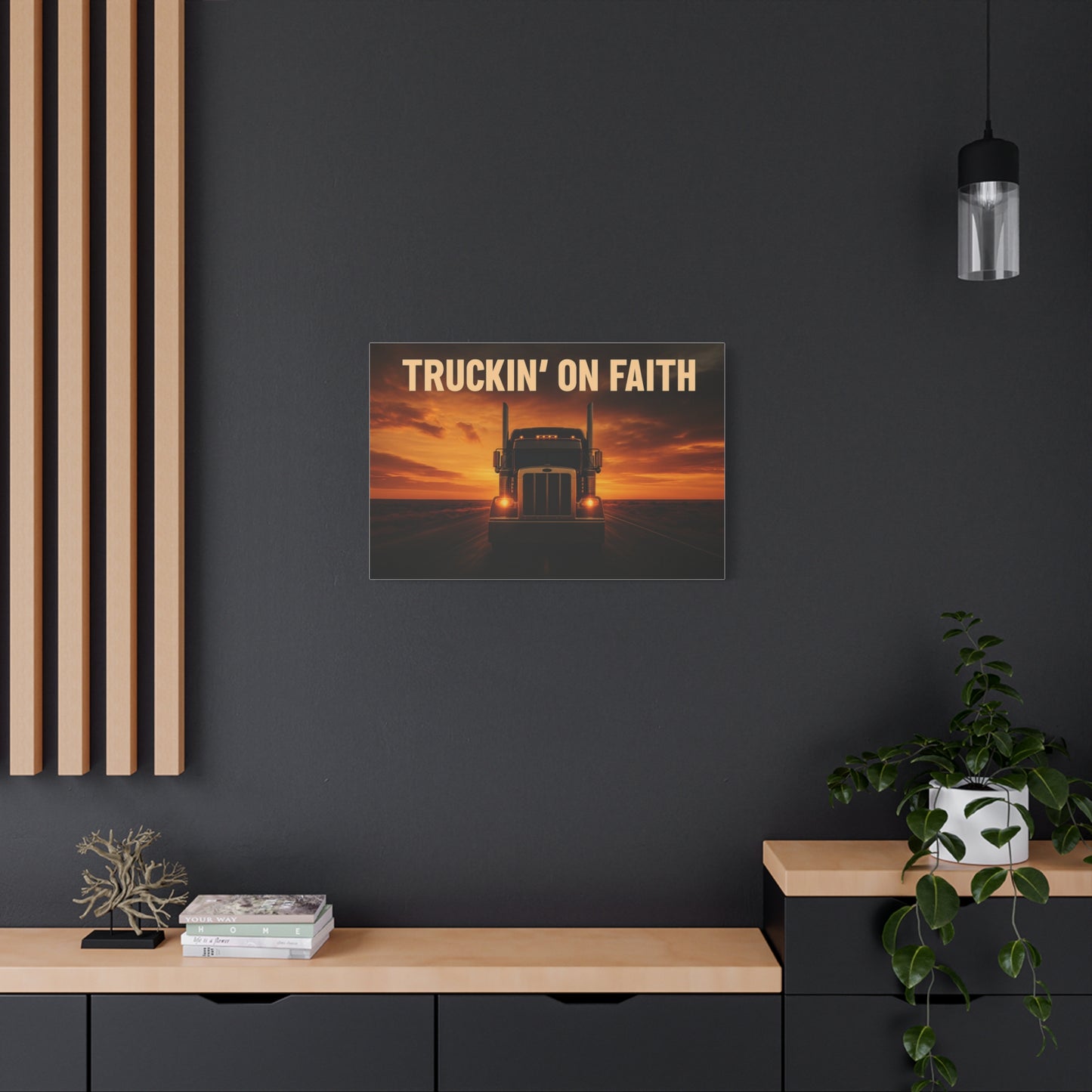 Truckin' On Faith Matte Canvas Wall Art — Semi Truck Sunset Print