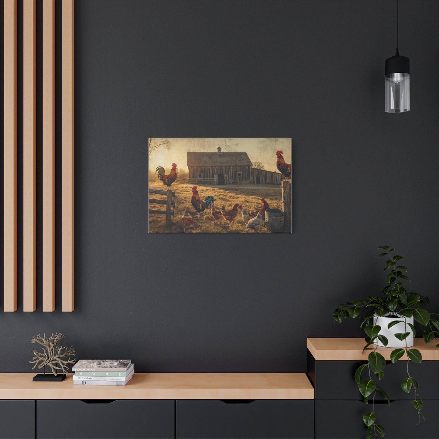 Rustic Morning Rooster Farm Matte Canvas Print
