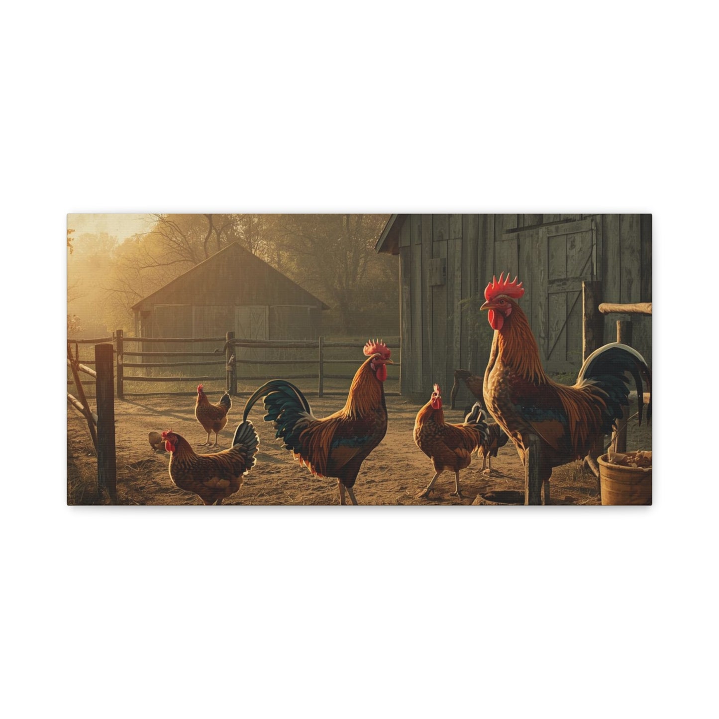 Rooster Farmhouse Canvas Print – Rustic Morning Barnyard Wall Art