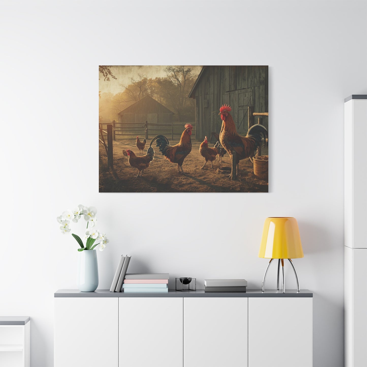 Rooster Farmhouse Canvas Print – Rustic Morning Barnyard Wall Art