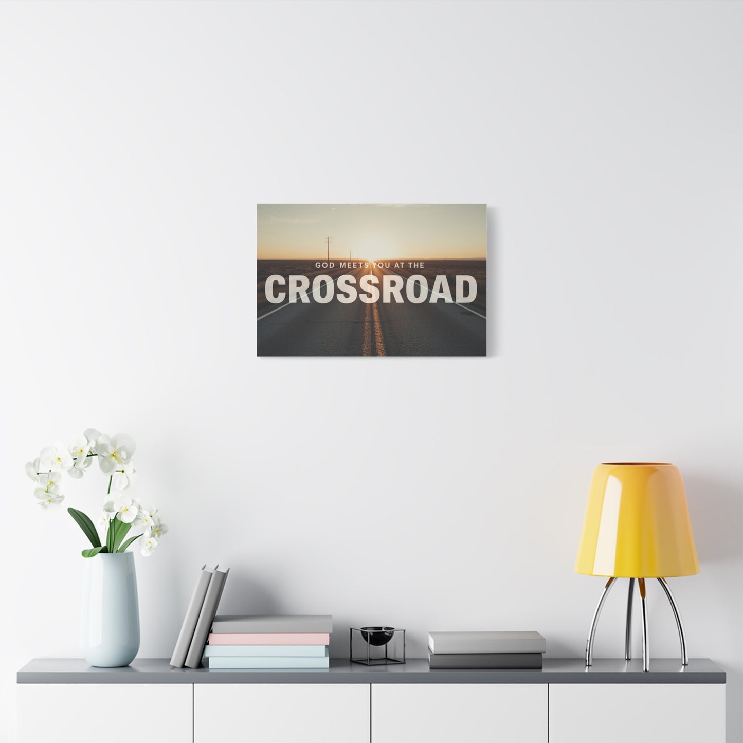Crossroad Inspirational Canvas Print — “God Meets You at the Crossroad” Sunset Wall Art