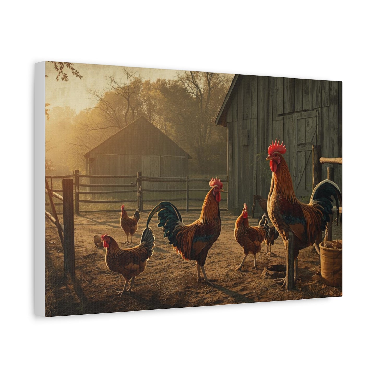 Rooster Farmhouse Canvas Print – Rustic Morning Barnyard Wall Art