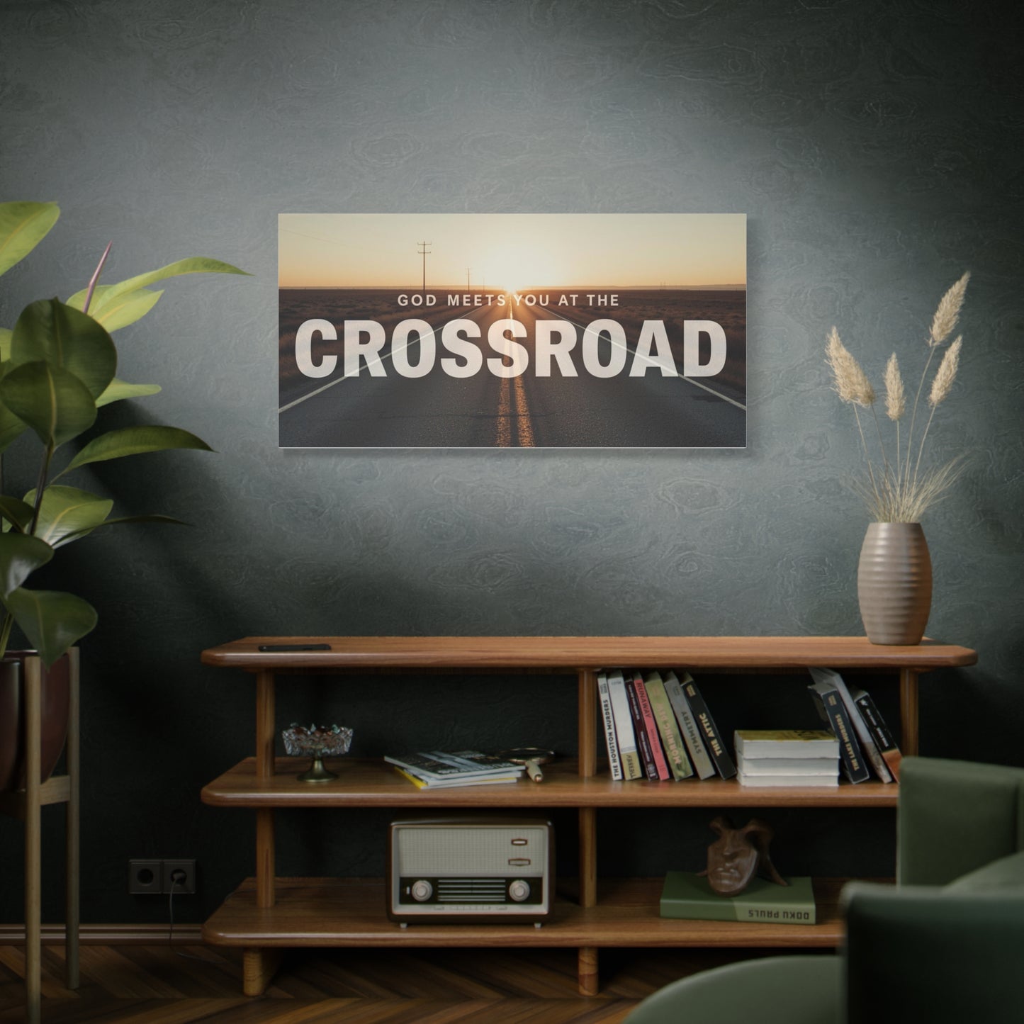 Crossroad Inspirational Canvas Print — “God Meets You at the Crossroad” Sunset Wall Art
