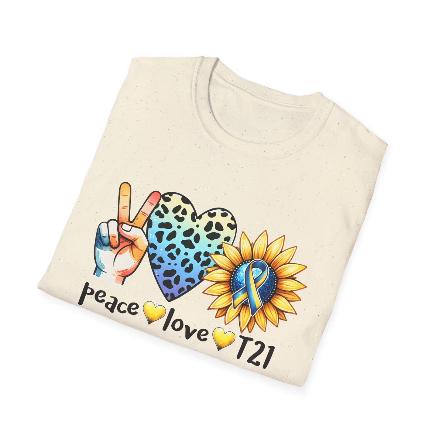 Down Syndrome Awareness T-Shirt, Unisex Graphic Tee, Peace Love T21 Casual Wear, Gift for Awareness Month, Sunshine Heart Design