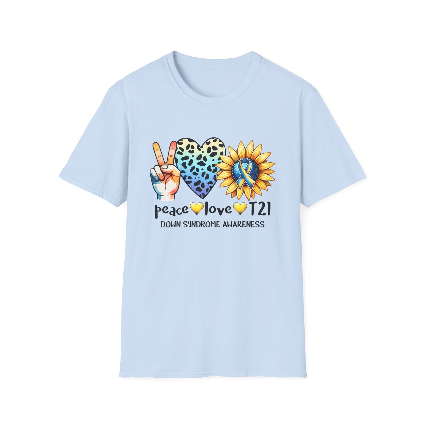 Down Syndrome Awareness T-Shirt, Unisex Graphic Tee, Peace Love T21 Casual Wear, Gift for Awareness Month, Sunshine Heart Design