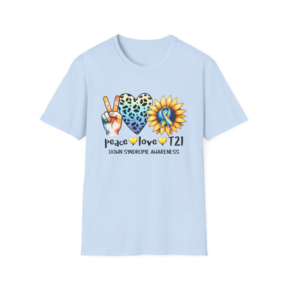 Down Syndrome Awareness T-Shirt, Unisex Graphic Tee, Peace Love T21 Casual Wear, Gift for Awareness Month, Sunshine Heart Design