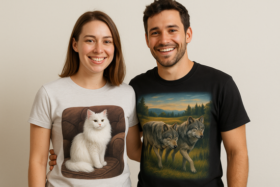 a couple wearing graphic tees on. one has a beautiful cat with long white flowing hair setting on a couch and the other shirt has a beautiful outdoor scenery on it with wolves walking through a field