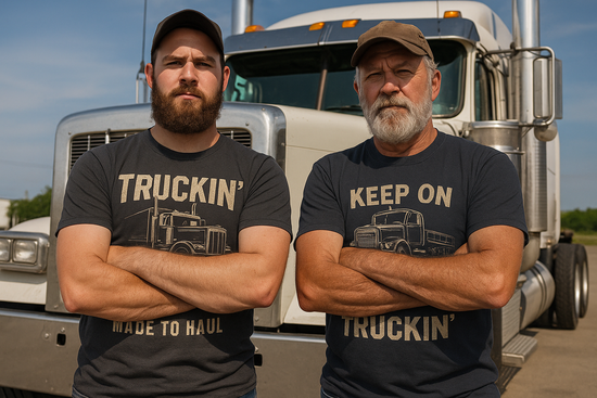 two truckers standing in front of a their truck wearing a graphic tee