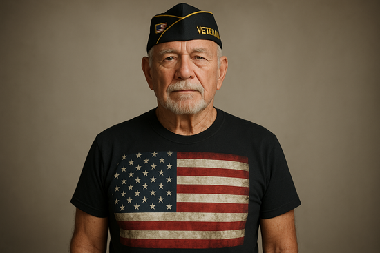 veteran wearing a graphic tee of american flag